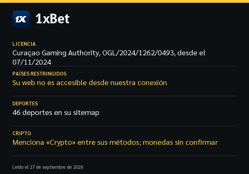 Ficha de 1xBet: licencia, países restringidos, deportes e idiomas