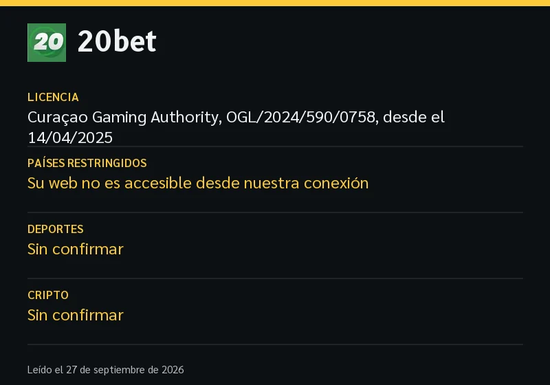 Ficha de 20bet: licencia, países restringidos, deportes e idiomas