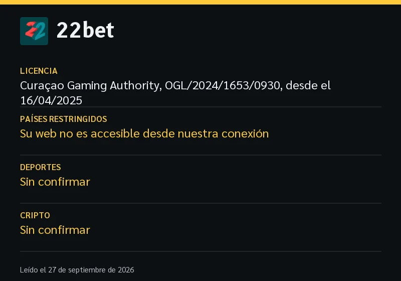Ficha de 22bet: licencia, países restringidos, deportes e idiomas