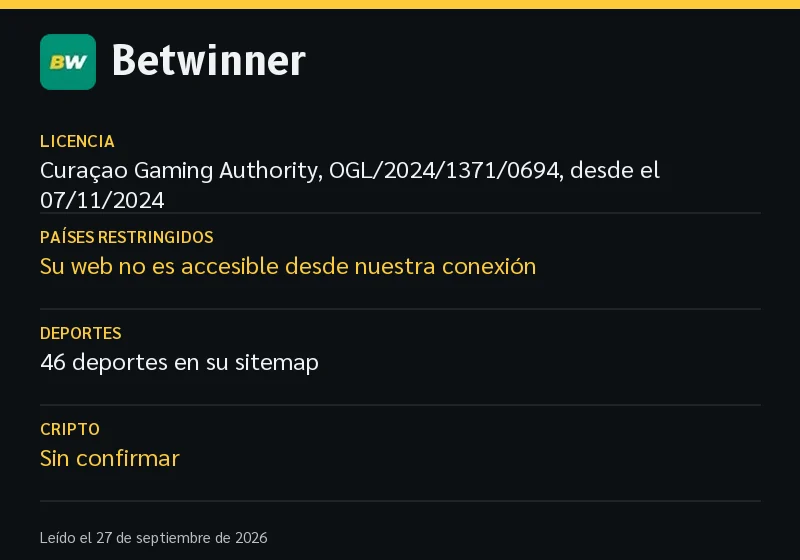 Ficha de Betwinner: licencia, países restringidos, deportes e idiomas