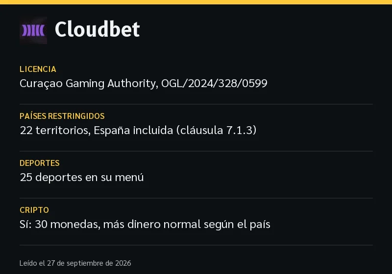 Ficha de Cloudbet: licencia, países restringidos, deportes e idiomas
