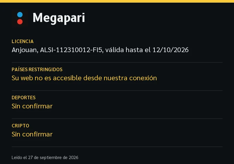 Ficha de Megapari: licencia, países restringidos, deportes e idiomas