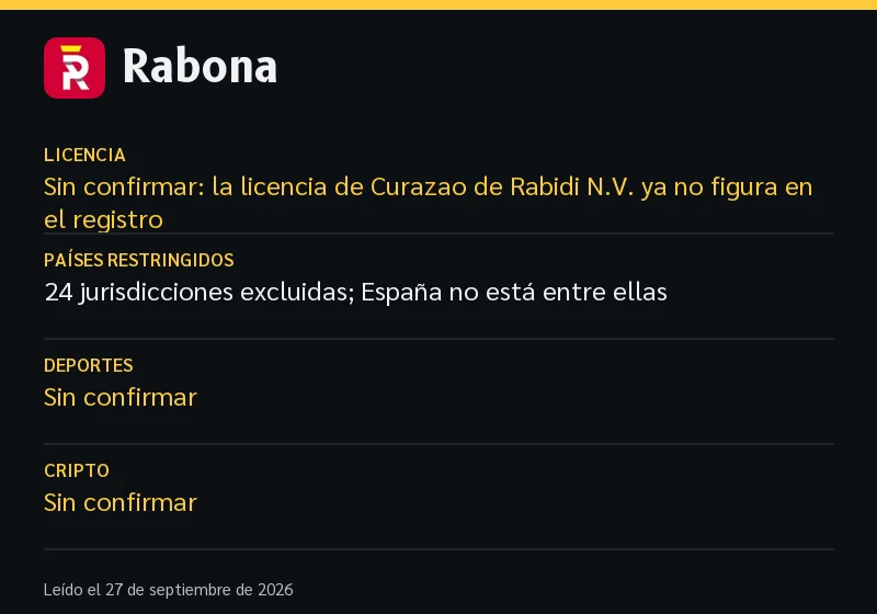 Ficha de Rabona: licencia, países restringidos, deportes e idiomas