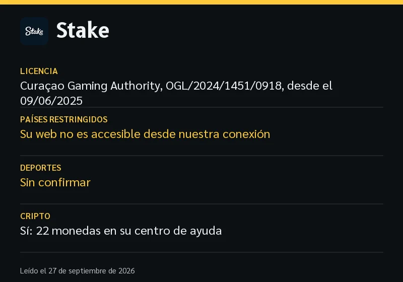 Ficha de Stake: licencia, países restringidos, deportes e idiomas